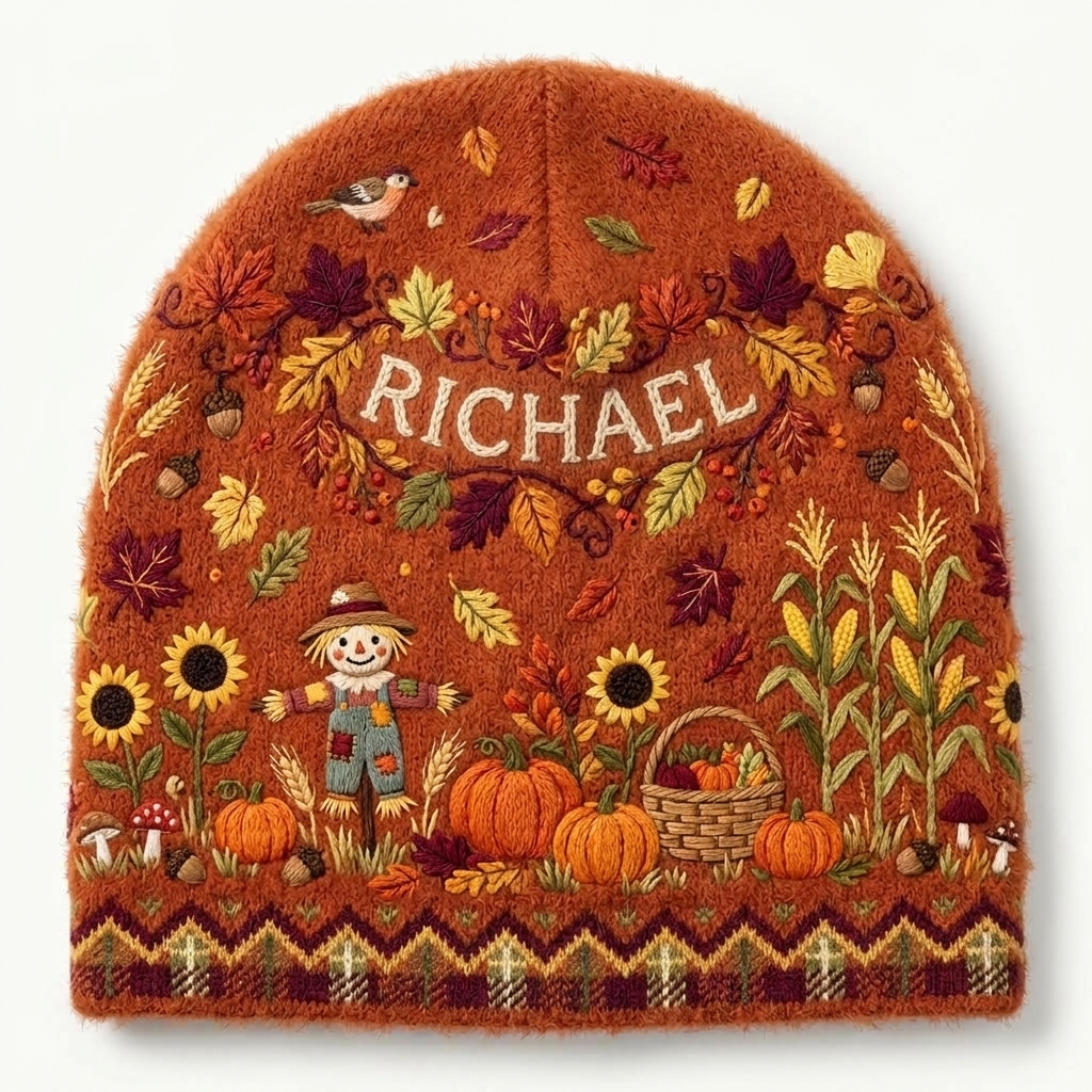 Personalized Fall Harvest Beanie | Custom Name Pumpkin Scarecrow Autumn Knit Hat
