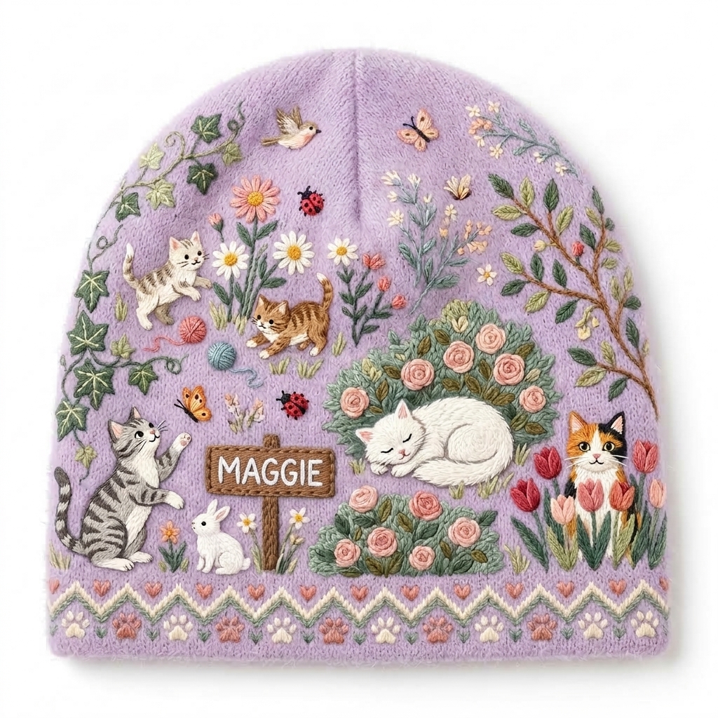 Personalized Garden Cat Beanie | Custom Name Floral Kitten Winter Knit Hat