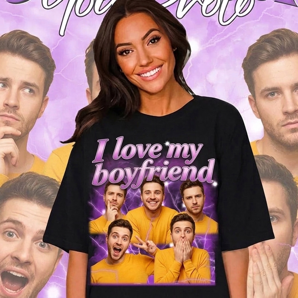 Personalized I Love My Girlfriend Bootleg Style Classic T-Shirt Custom Text Boyfriend Photo Tee Couple Face Rap Style Shirt Valentine's Day Gift for Him Her