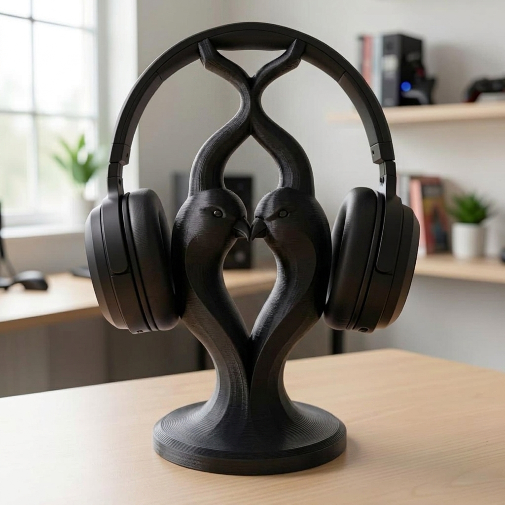 Lovebird 3D Printed Headphone Stand - Artisan Hand Painted Headset Holder for Gaming Desks and Music Lovers