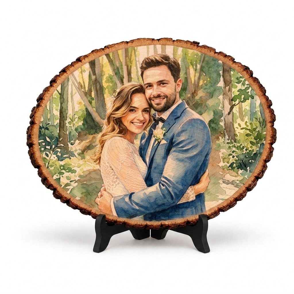 Personalized Photo Print Basswood Keepsake Custom Watercolor Photo Art on Wood Slice Engraved Log Slice Gift for Couple Photo Gift for Her Him
