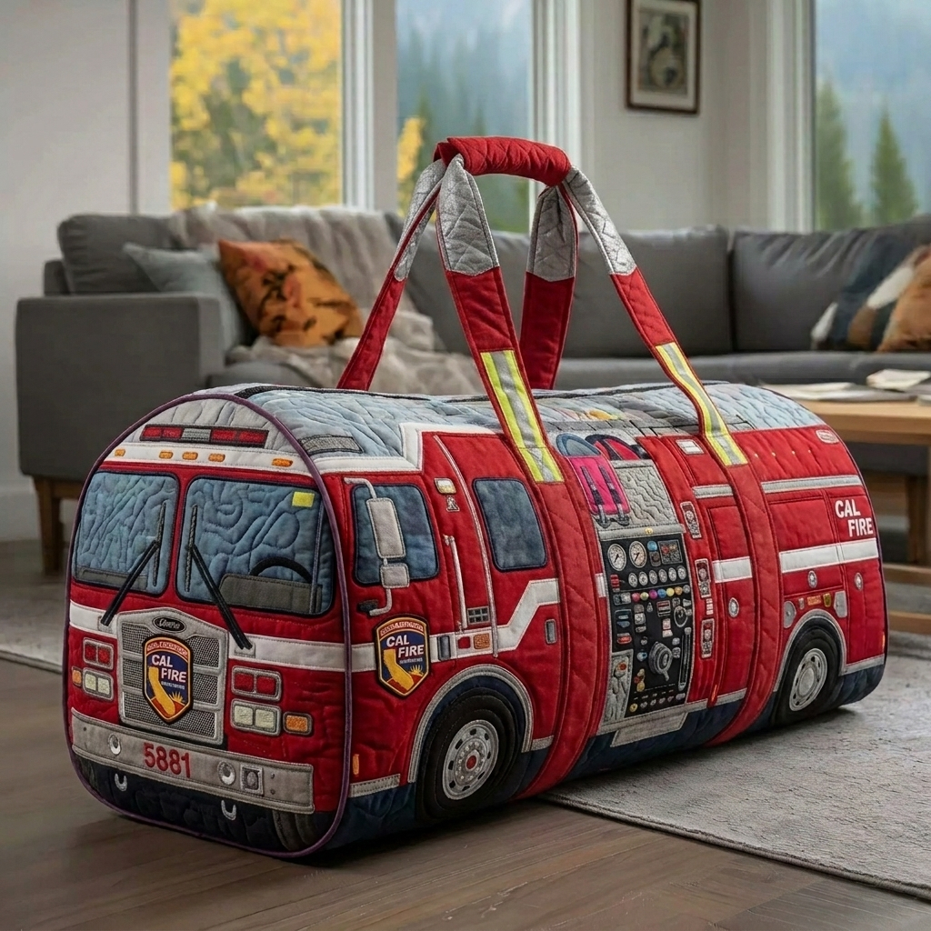 Rescue Vehicle Quilted Duffle Bag, Police Fire Truck Ambulance Novelty Canvas Overnight Weekender Bag, Lightweight Foldable Gym Sports Handbag