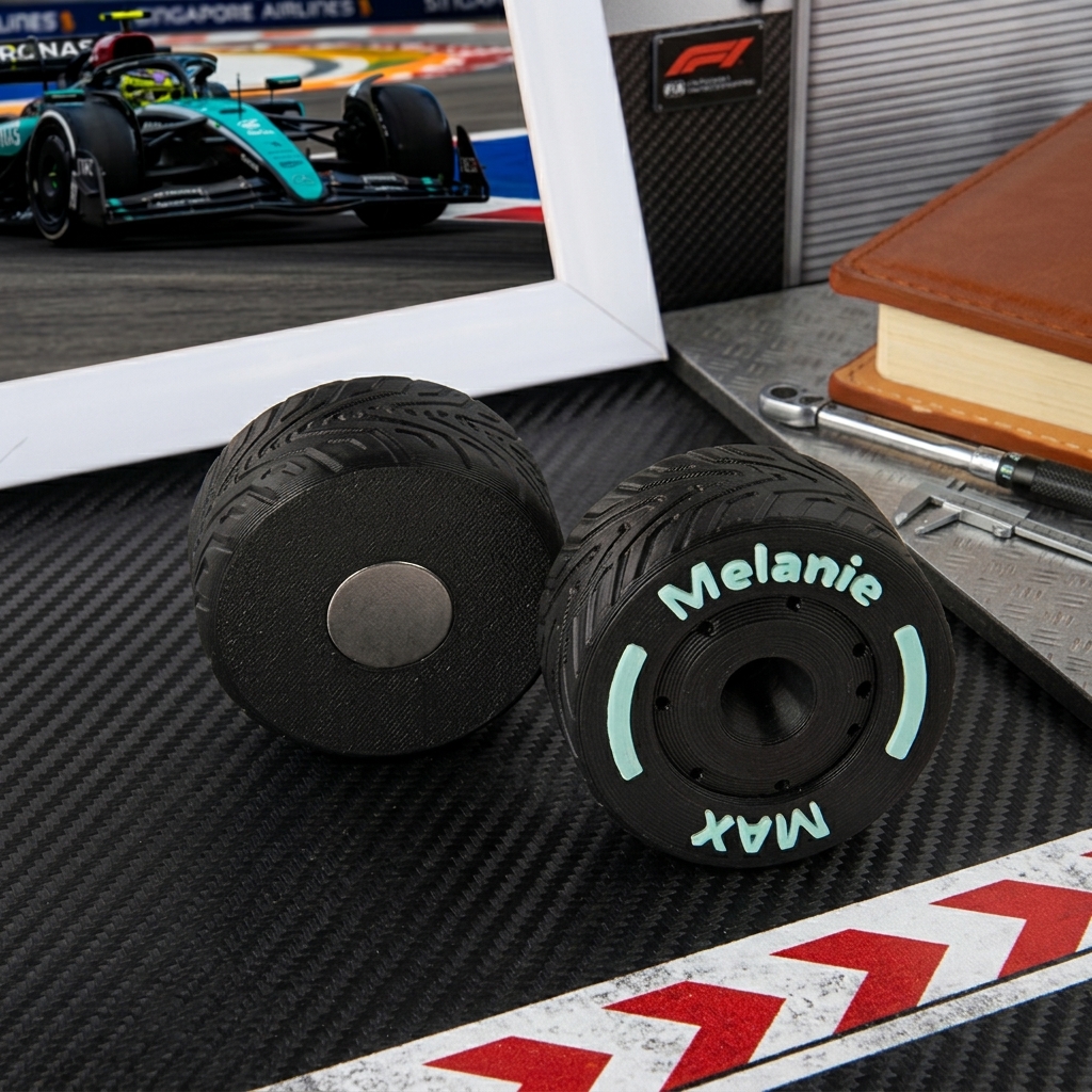 Custom 3D‑Printed Racing Tire Fridge Magnet, Personalized Formula Car Wheel Magnet, Custom Name Race Tire Refrigerator Magnet Gift for Motorsport Fans