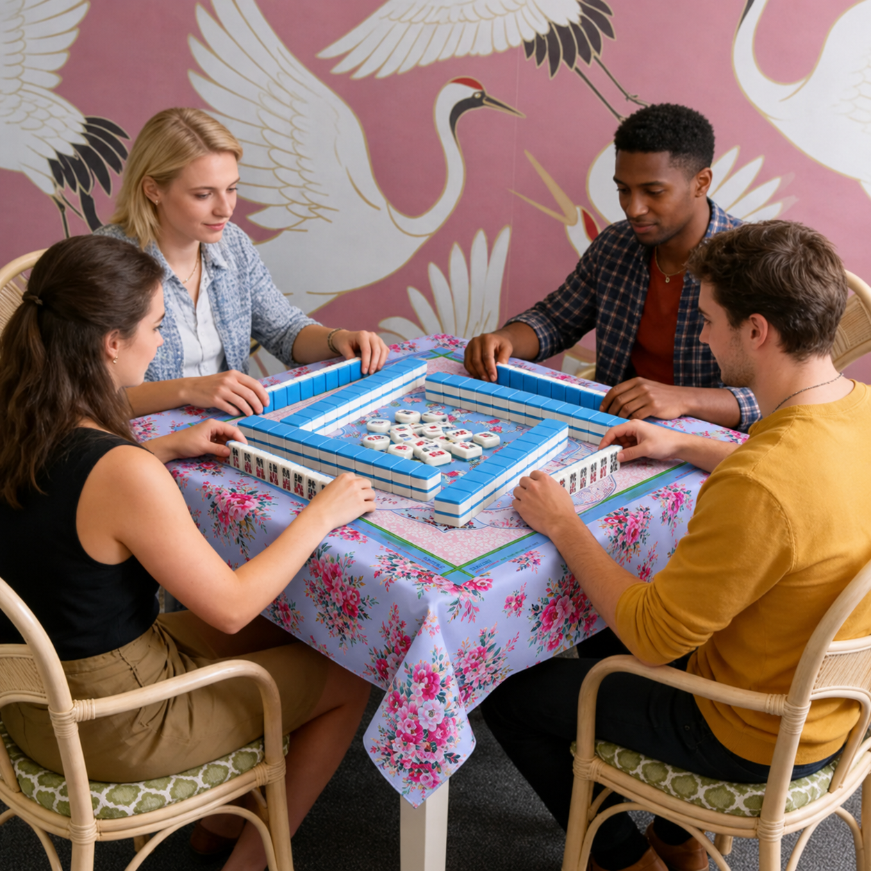 Mahjong Tablecloth 55" x 55" Polyester Naples Tablecloth Square Instructional Design for Family Game Night Party Favor Supplies