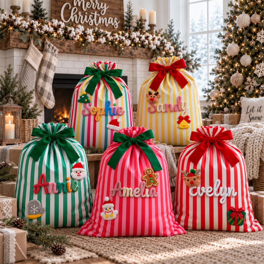 Personalized Striped Christmas Gift Sack Large Name Santa Bag With Gingerbread And Bow Holiday Present Storage For Kids