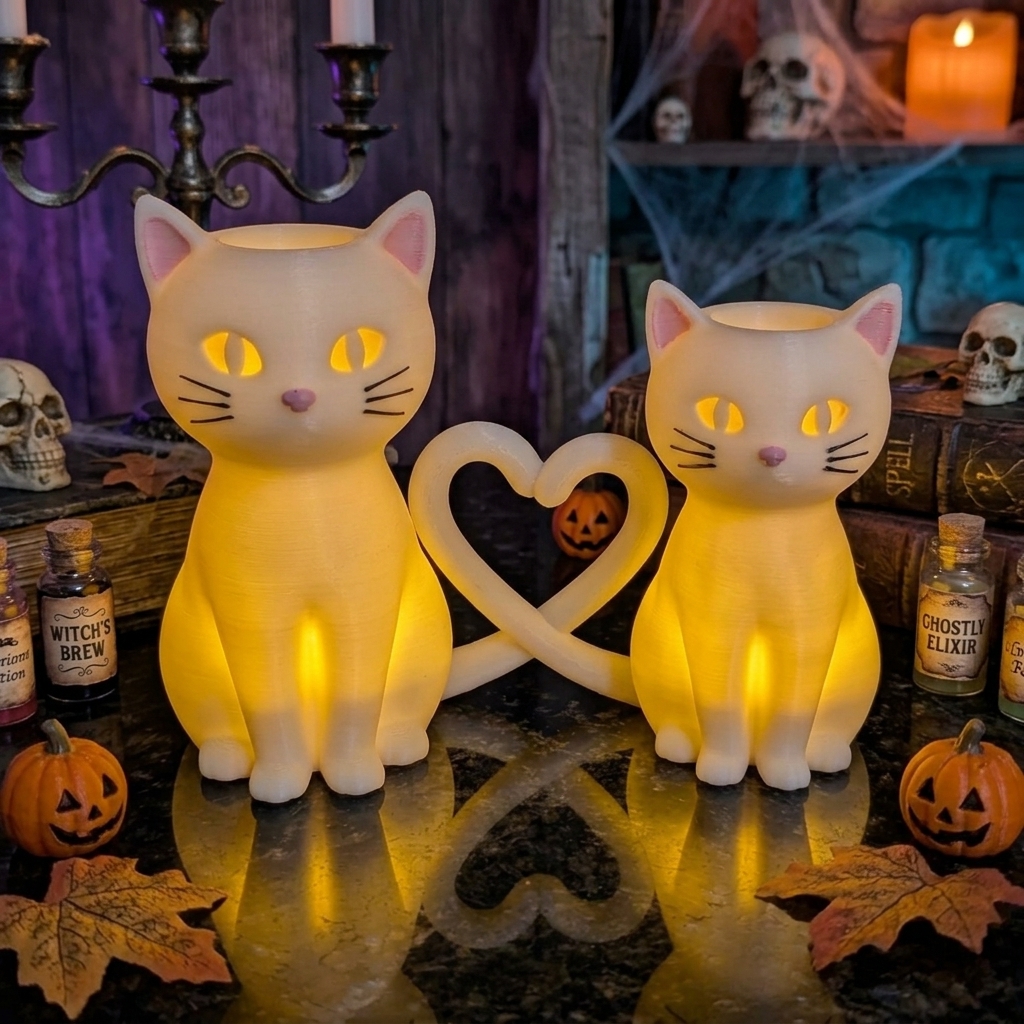 Personalized 3D Printed Heart Tail Couple Cat Tealight Holder Glowing LED Cat Candle Holder Gothic Witchy Halloween Decor Cat Lover Gift Heart Tail Intertwined Kitten Statue Tabletop Ornament