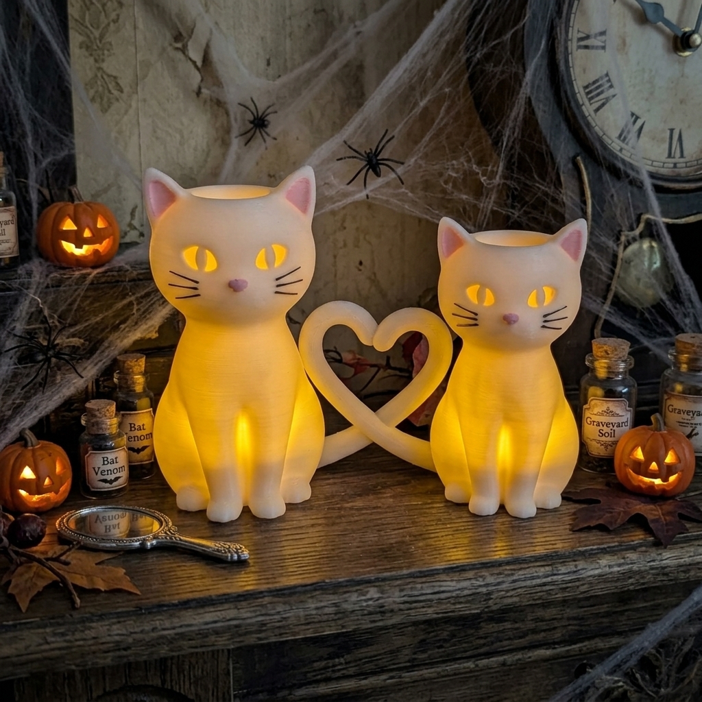 Personalized 3D Printed Heart Tail Couple Cat Tealight Holder Glowing LED Cat Candle Holder Gothic Witchy Halloween Decor Cat Lover Gift Heart Tail Intertwined Kitten Statue Tabletop Ornament