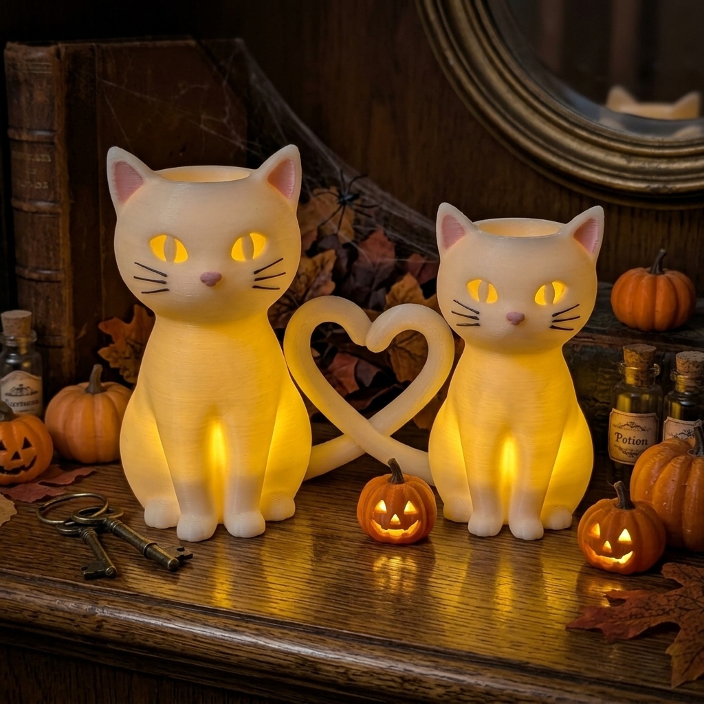 Personalized 3D Printed Heart Tail Couple Cat Tealight Holder Glowing LED Cat Candle Holder Gothic Witchy Halloween Decor Cat Lover Gift Heart Tail Intertwined Kitten Statue Tabletop Ornament