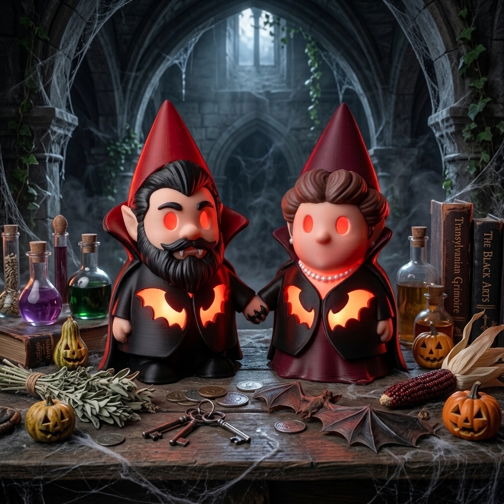 Personalized 3D Printed Vampire Gnome Couple Statue 3D Printed  Glow Bat Cutout Dracula Gnomes Gothic Dark Academia Halloween Tabletop Decor Spooky Vampire Lover Figurine Gift