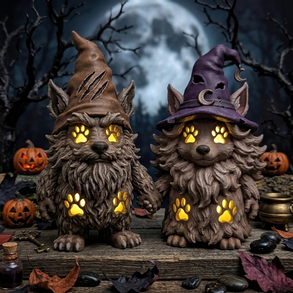 Personalized 3D Printed Couple Werewolf Gnome Statues Halloween Gothic Witch Wolf Gnomes LED Paw Print Glow Figurine Spooky Dark Home Decor Halloween Tabletop Ornament Gift for Horror Lovers