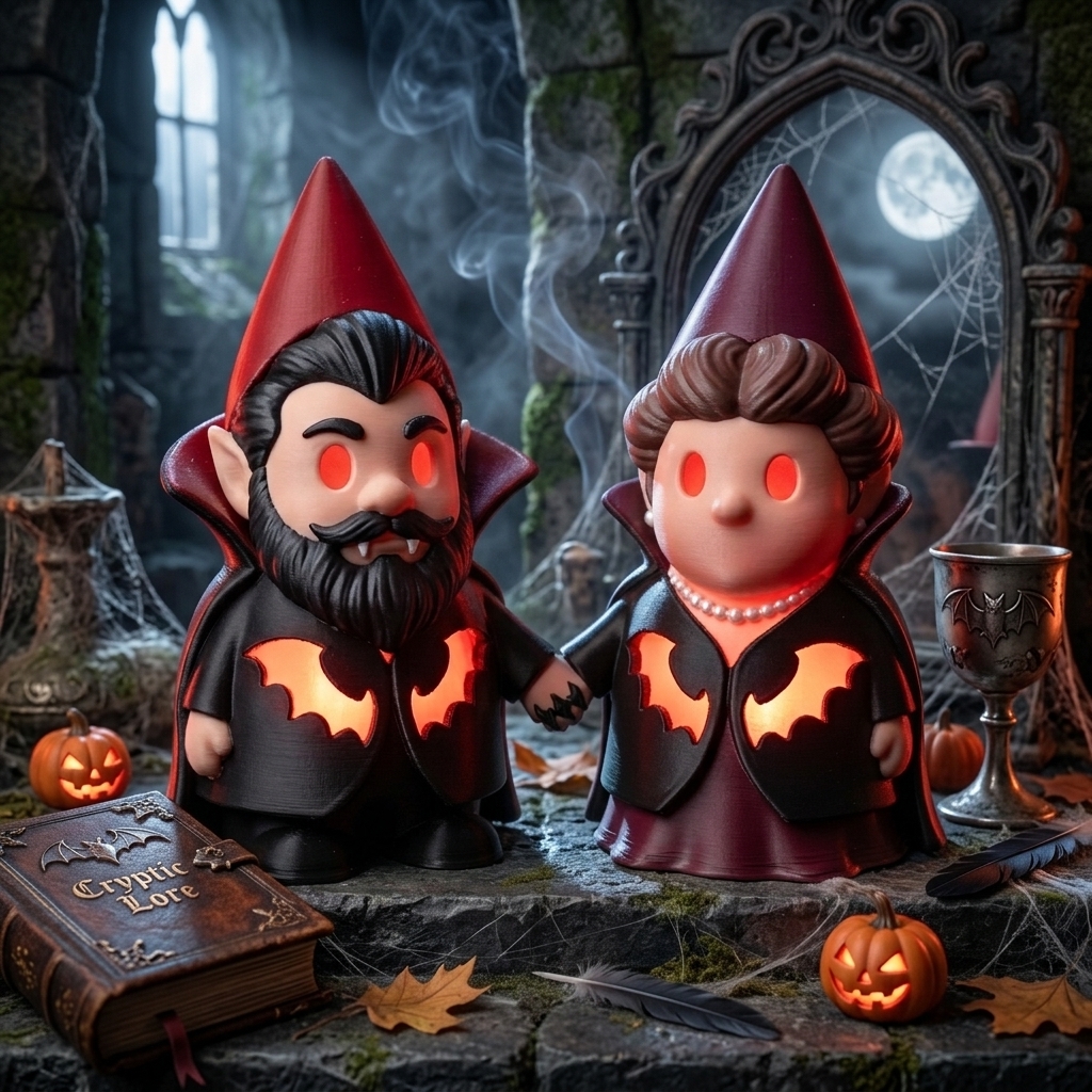 Personalized 3D Printed Vampire Gnome Couple Statue 3D Printed  Glow Bat Cutout Dracula Gnomes Gothic Dark Academia Halloween Tabletop Decor Spooky Vampire Lover Figurine Gift