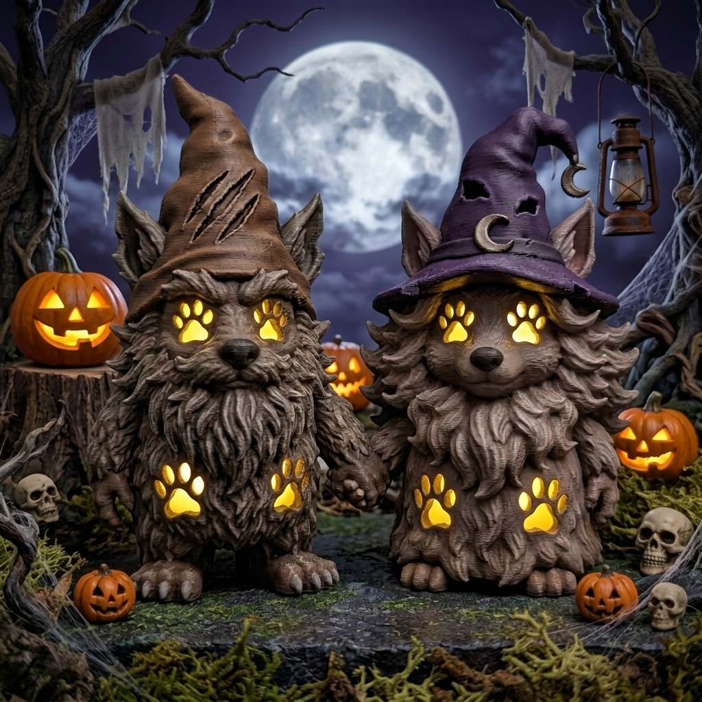 Personalized 3D Printed Couple Werewolf Gnome Statues Halloween Gothic Witch Wolf Gnomes LED Paw Print Glow Figurine Spooky Dark Home Decor Halloween Tabletop Ornament Gift for Horror Lovers