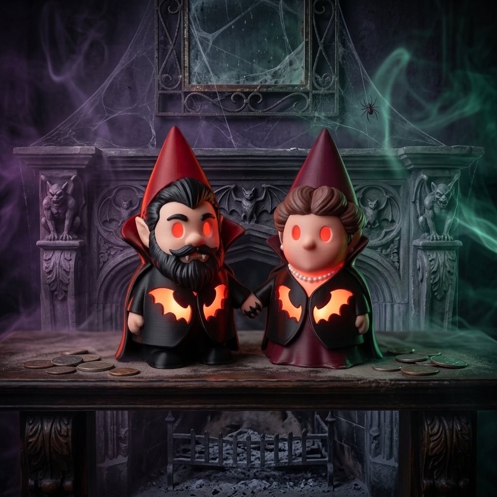Personalized 3D Printed Vampire Gnome Couple Statue 3D Printed  Glow Bat Cutout Dracula Gnomes Gothic Dark Academia Halloween Tabletop Decor Spooky Vampire Lover Figurine Gift