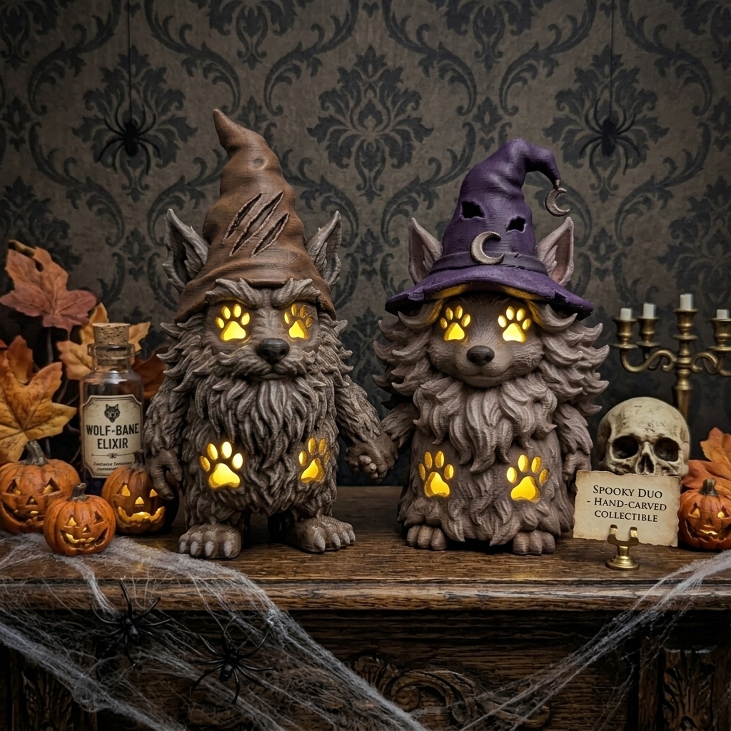 Personalized 3D Printed Couple Werewolf Gnome Statues Halloween Gothic Witch Wolf Gnomes LED Paw Print Glow Figurine Spooky Dark Home Decor Halloween Tabletop Ornament Gift for Horror Lovers