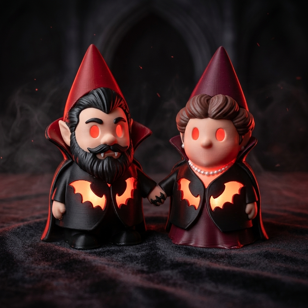 Personalized 3D Printed Vampire Gnome Couple Statue 3D Printed  Glow Bat Cutout Dracula Gnomes Gothic Dark Academia Halloween Tabletop Decor Spooky Vampire Lover Figurine Gift