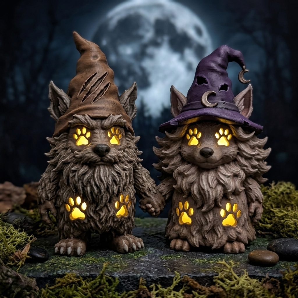 Personalized 3D Printed Couple Werewolf Gnome Statues Halloween Gothic Witch Wolf Gnomes LED Paw Print Glow Figurine Spooky Dark Home Decor Halloween Tabletop Ornament Gift for Horror Lovers