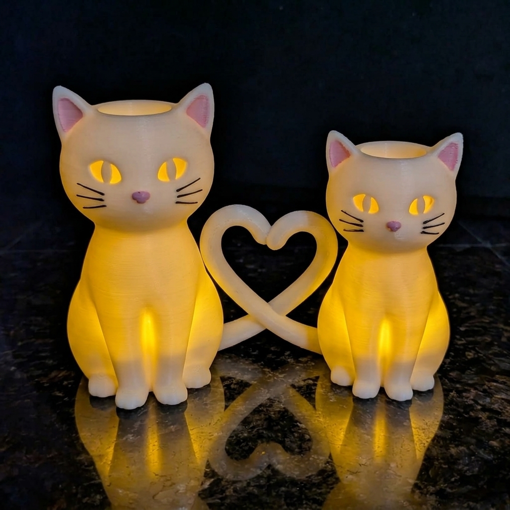 Personalized 3D Printed Heart Tail Couple Cat Tealight Holder Glowing LED Cat Candle Holder Gothic Witchy Halloween Decor Cat Lover Gift Heart Tail Intertwined Kitten Statue Tabletop Ornament