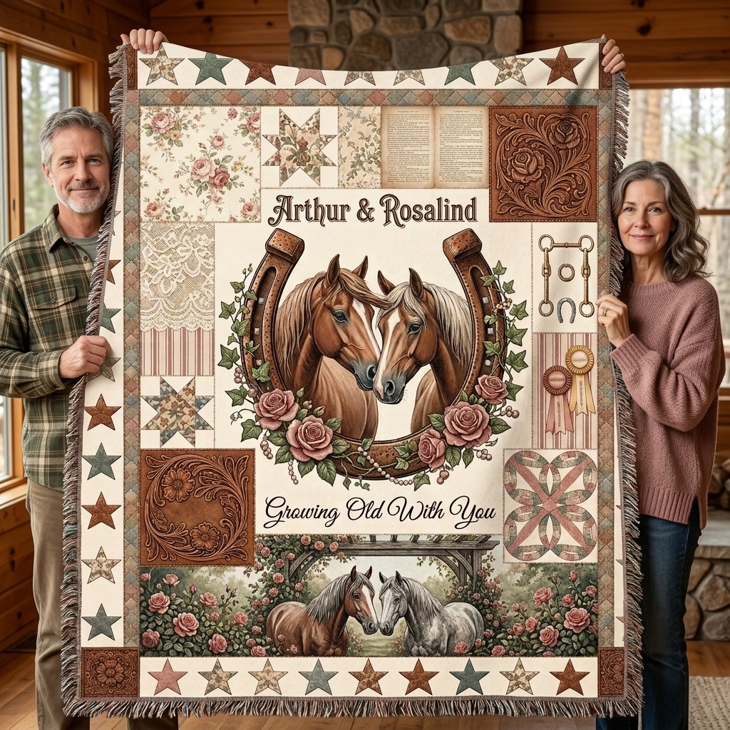 Personalized Growing Old Together Tassel Soft Throw Blanket with Name Bedroom Housewarming Anniversary Gift for Couple Horse Owner