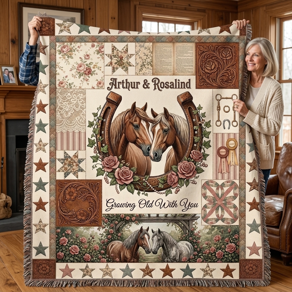 Personalized Growing Old Together Tassel Soft Throw Blanket with Name Bedroom Housewarming Anniversary Gift for Couple Horse Owner