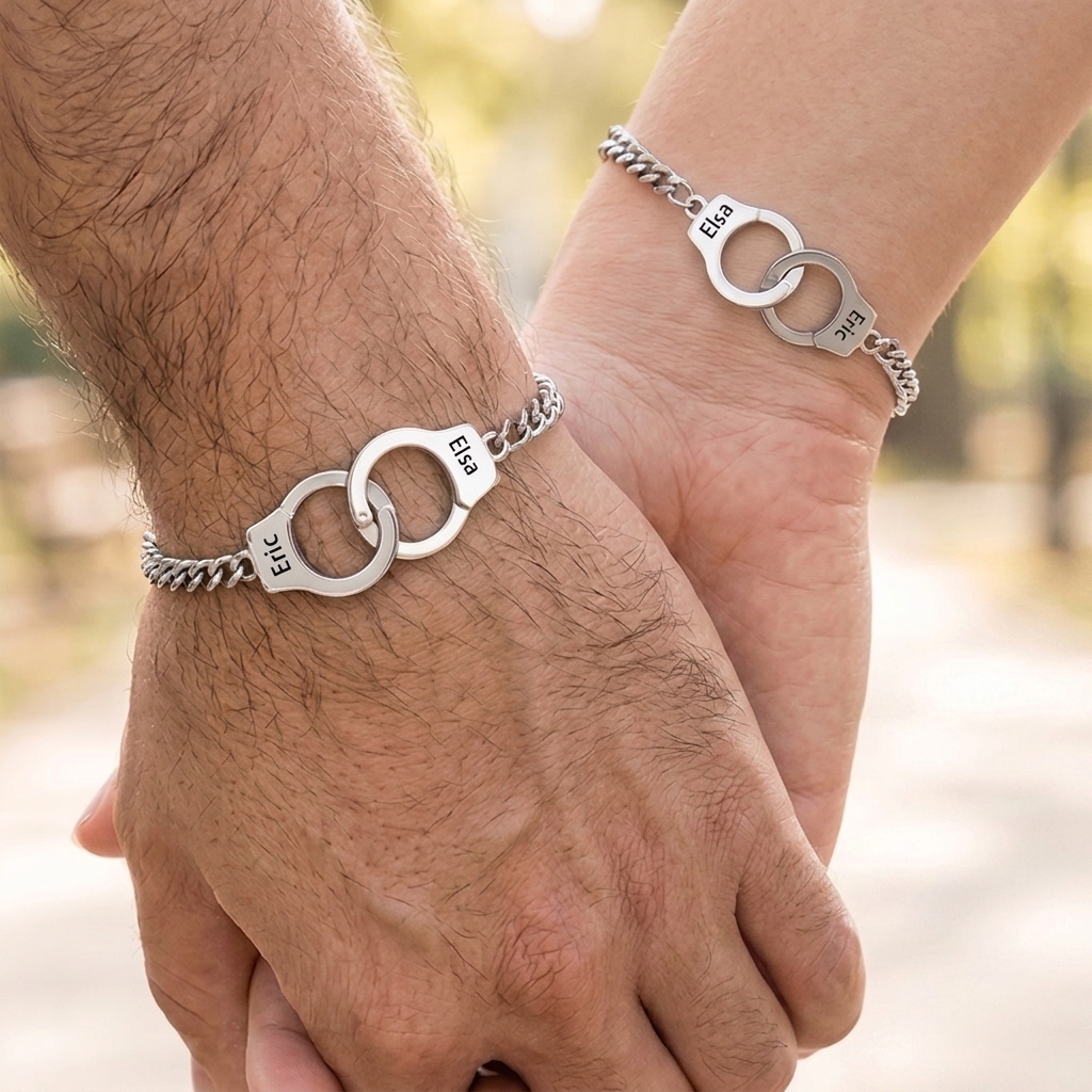 Personalized Couple Handcuffs and Bracelets with Engraved Name Anniversary Gift for Him Her Valentine's Day Gift 