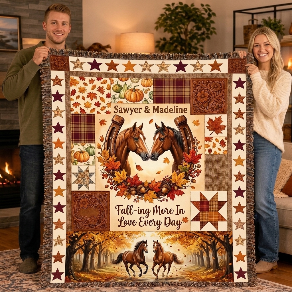 Personalized Couple Tassel Soft Throw Blanket with Name Bedroom Housewarming Anniversary Gift for Couple Horse Owner