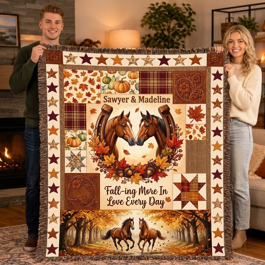 Personalized Couple Tassel Soft Throw Blanket with Name Bedroom Housewarming Anniversary Gift for Couple Horse Owner