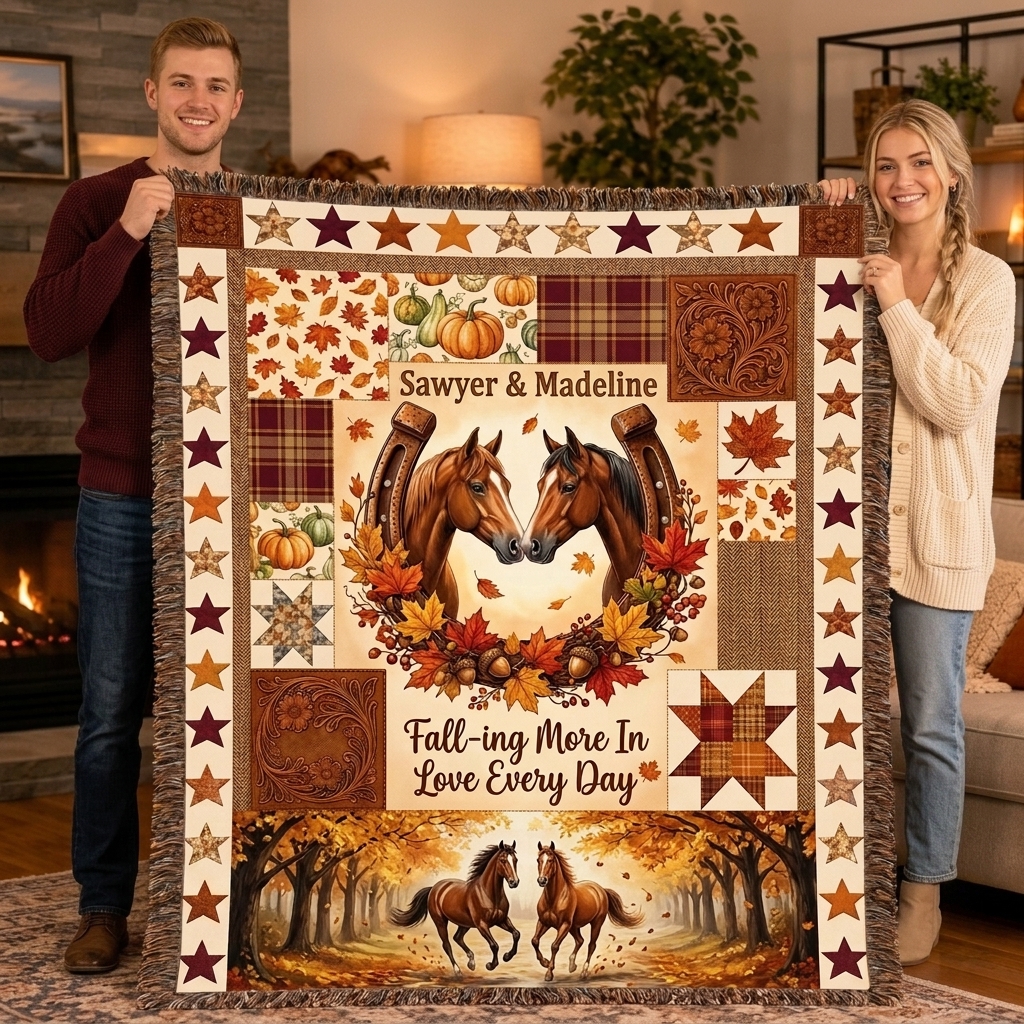 Personalized Couple Tassel Soft Throw Blanket with Name Bedroom Housewarming Anniversary Gift for Couple Horse Owner