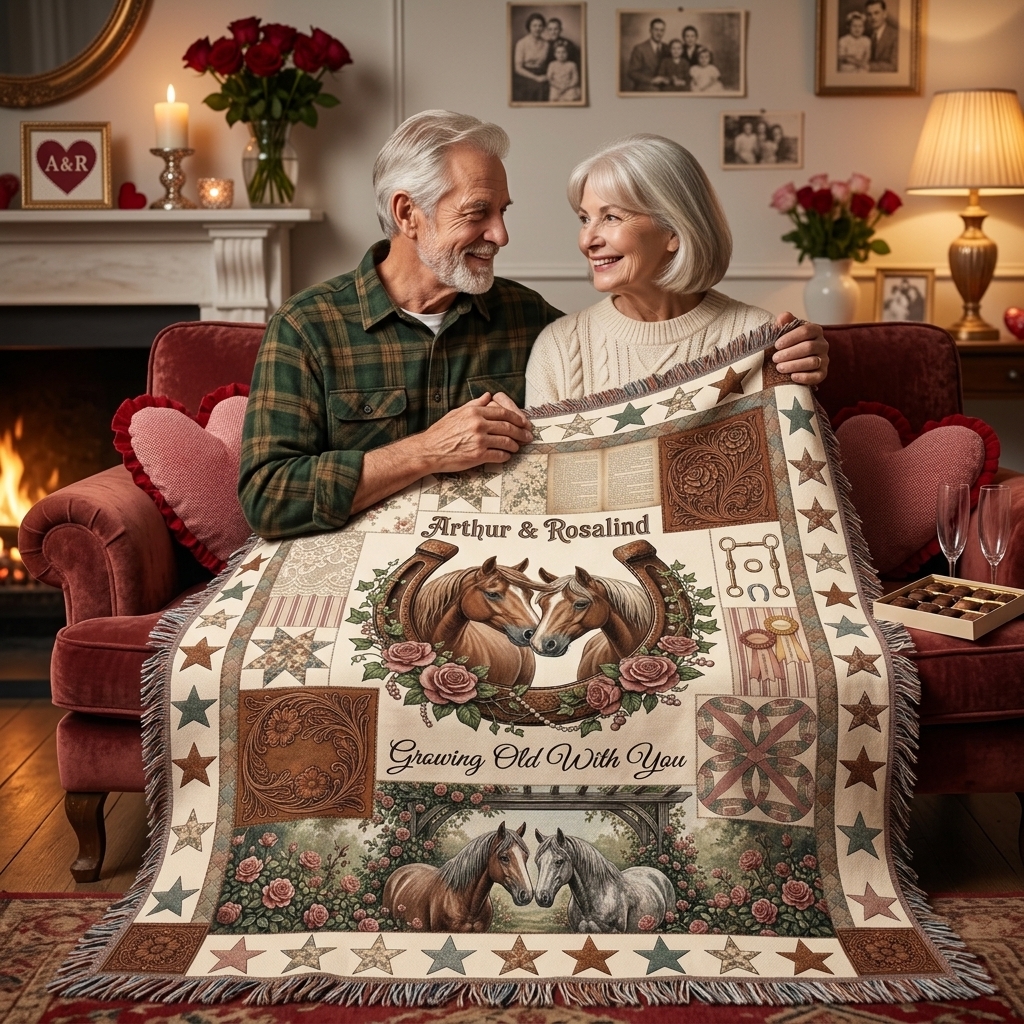 Personalized Growing Old Together Tassel Soft Throw Blanket with Name Bedroom Housewarming Anniversary Gift for Couple Horse Owner