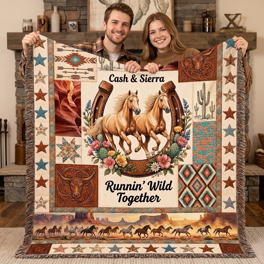 Personalized Horse Couple Tassel Soft Throw Blanket with Name Bedroom Housewarming Anniversary Gift for Couple Horse Owner