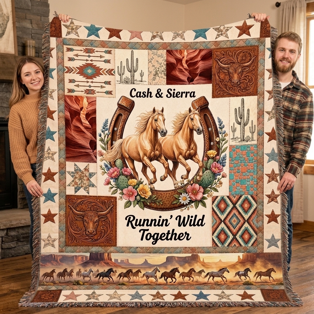 Personalized Horse Couple Tassel Soft Throw Blanket with Name Bedroom Housewarming Anniversary Gift for Couple Horse Owner