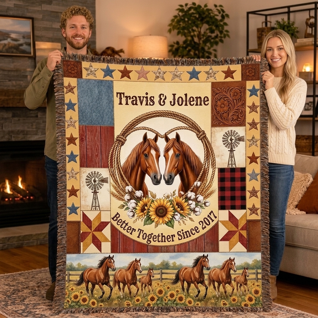 Personalized Couple Tassel Soft Throw Blanket with Name Bedroom Housewarming Anniversary Gift for Couple Horse Owner