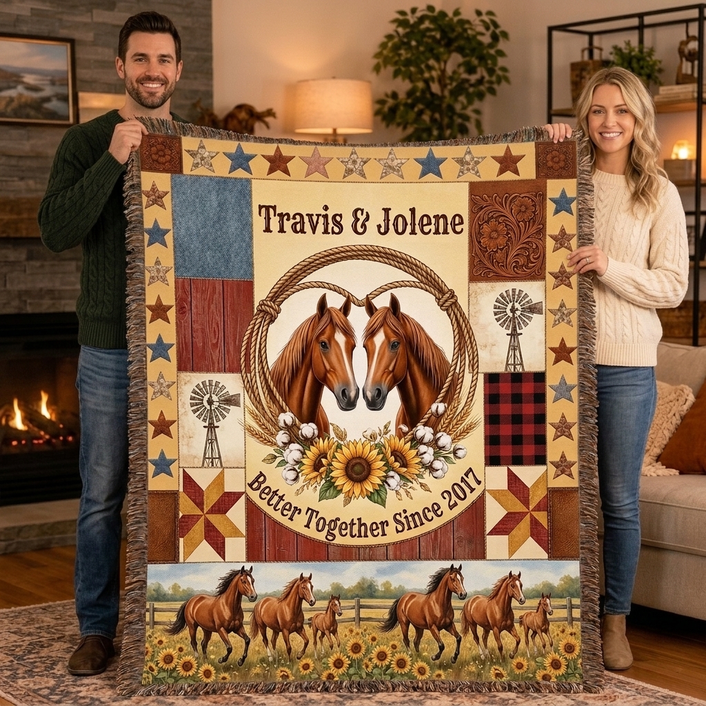 Personalized Couple Tassel Soft Throw Blanket with Name Bedroom Housewarming Anniversary Gift for Couple Horse Owner
