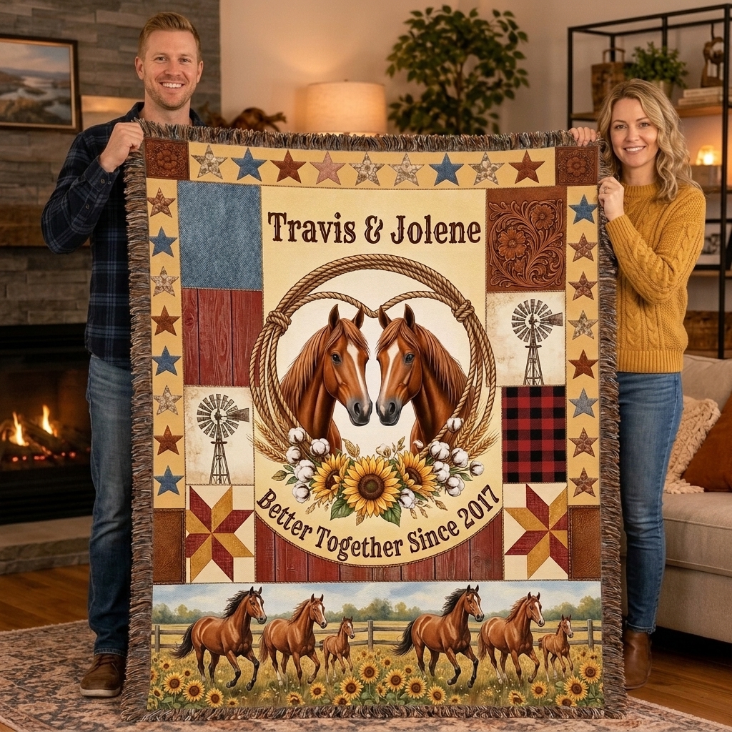 Personalized Couple Tassel Soft Throw Blanket with Name Bedroom Housewarming Anniversary Gift for Couple Horse Owner