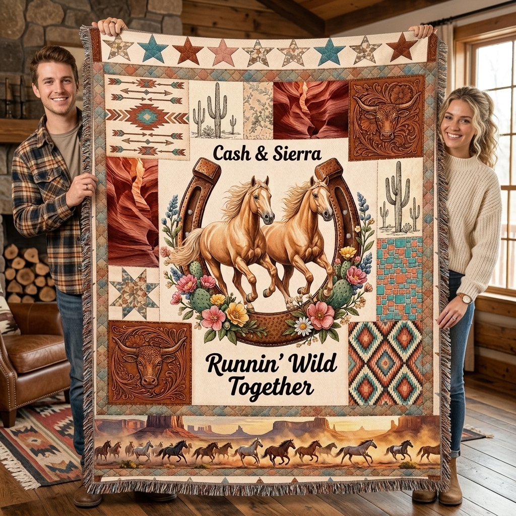 Personalized Horse Couple Tassel Soft Throw Blanket with Name Bedroom Housewarming Anniversary Gift for Couple Horse Owner
