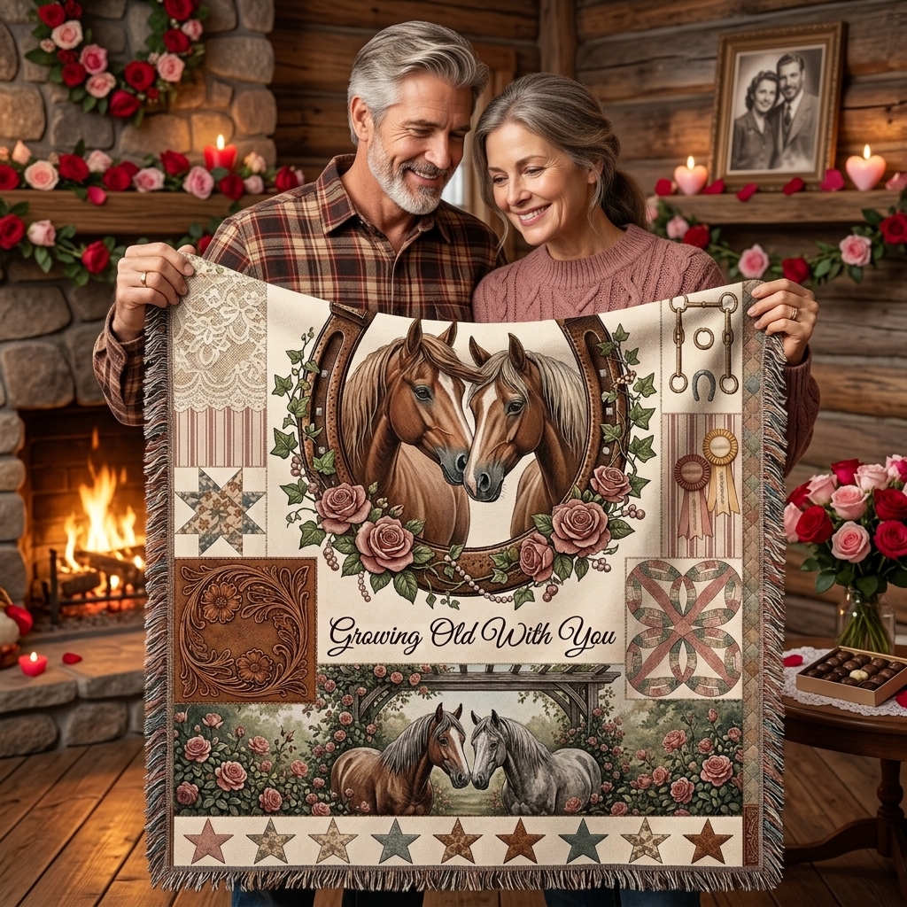 Personalized Growing Old Together Tassel Soft Throw Blanket with Name Bedroom Housewarming Anniversary Gift for Couple Horse Owner