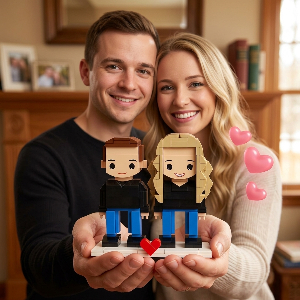Personalized Brick Figure with Photo Custom Building Block Gift for Couple 2 Person Brick Figures with Easel Frame Personalized Building Block Brick Me Figure Photo Puzzle Toy Keepsake for Couples Friends