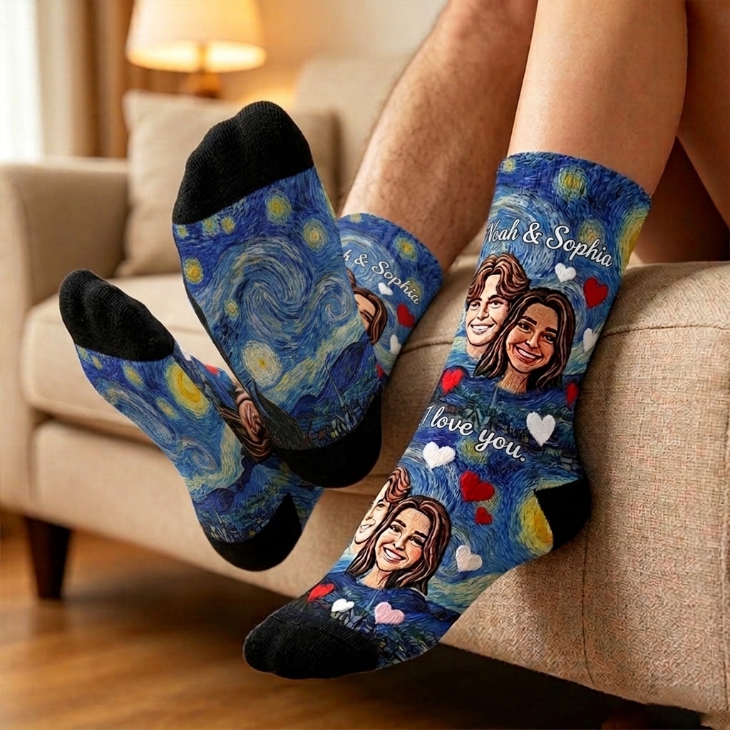 Personalized Couple Face Photo Socks Van Gogh's Starry Night I Love You Socks for Her Valentine's Day Socks for Husband Wife Boyfriend Girlfriend Sock Gift