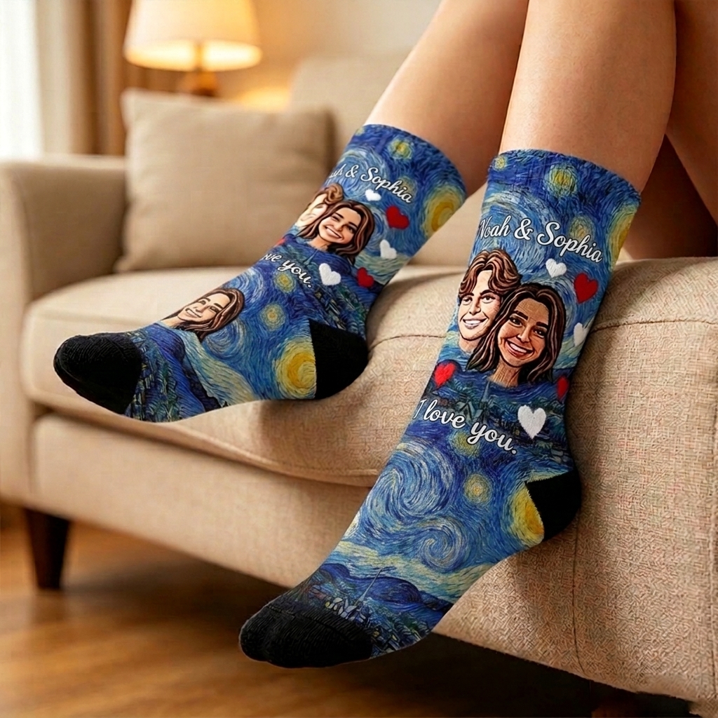 Personalized Couple Face Photo Socks Van Gogh's Starry Night I Love You Socks for Her Valentine's Day Socks for Husband Wife Boyfriend Girlfriend Sock Gift