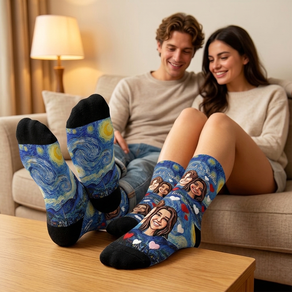 Personalized Couple Face Photo Socks Van Gogh's Starry Night I Love You Socks for Her Valentine's Day Socks for Husband Wife Boyfriend Girlfriend Sock Gift