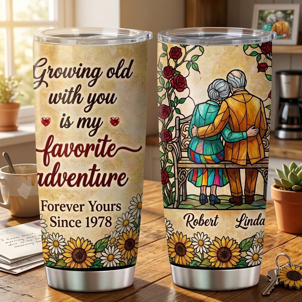 Personalized Growing Old with You is My Favorite Adventure Tumbler Old Couple 20OZ  Tumbler with Name Gift for Wife Husband You're My Today and All My Tomorrows Tumbler for Wife