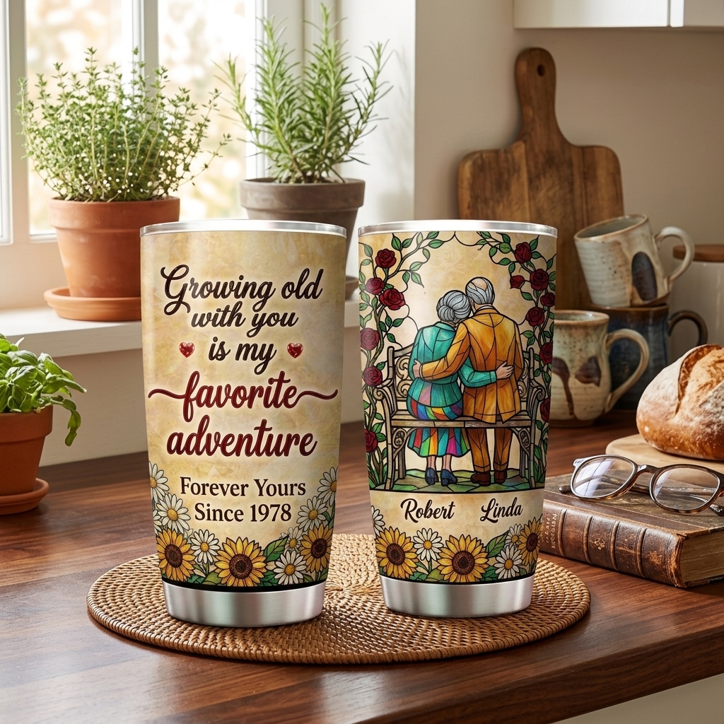 Personalized Growing Old with You is My Favorite Adventure Tumbler Old Couple 20OZ  Tumbler with Name Gift for Wife Husband You're My Today and All My Tomorrows Tumbler for Wife