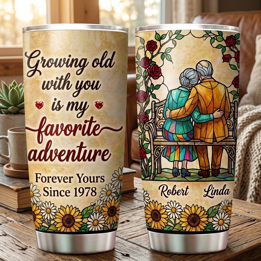 Personalized Growing Old with You is My Favorite Adventure Tumbler Old Couple 20OZ  Tumbler with Name Gift for Wife Husband You're My Today and All My Tomorrows Tumbler for Wife