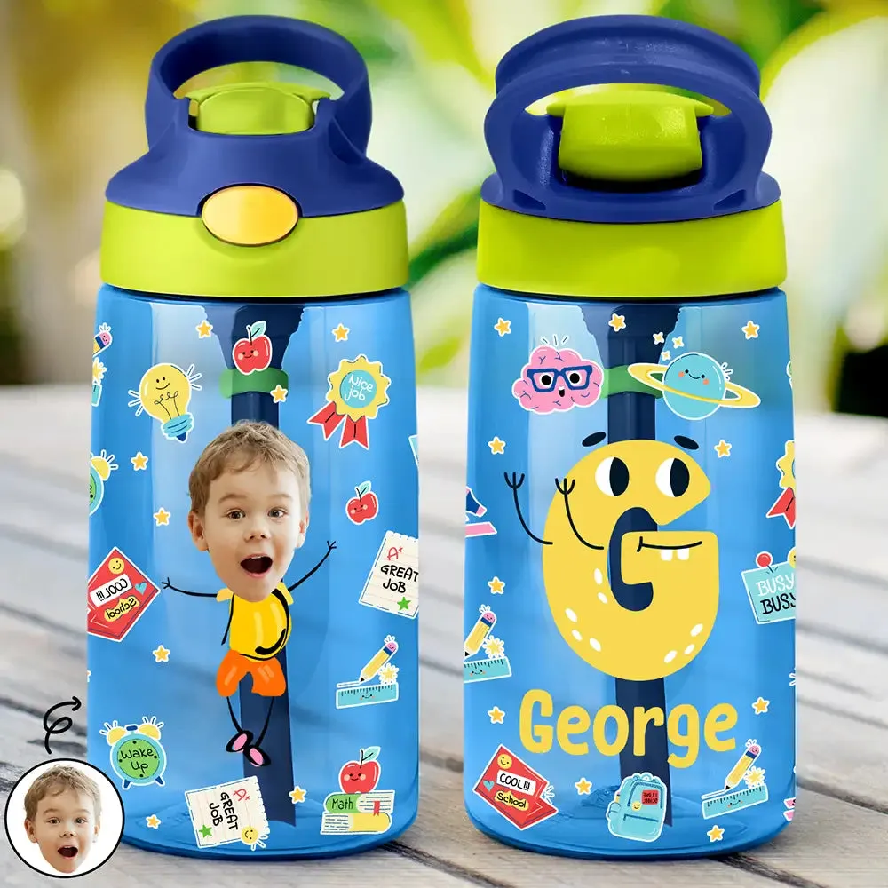 Personalized Colorful Cartoon Photo Name 16oz Kid's Water Bottle with Silicone Straw and Handle Birthday Back to School Gift for Boys Girls