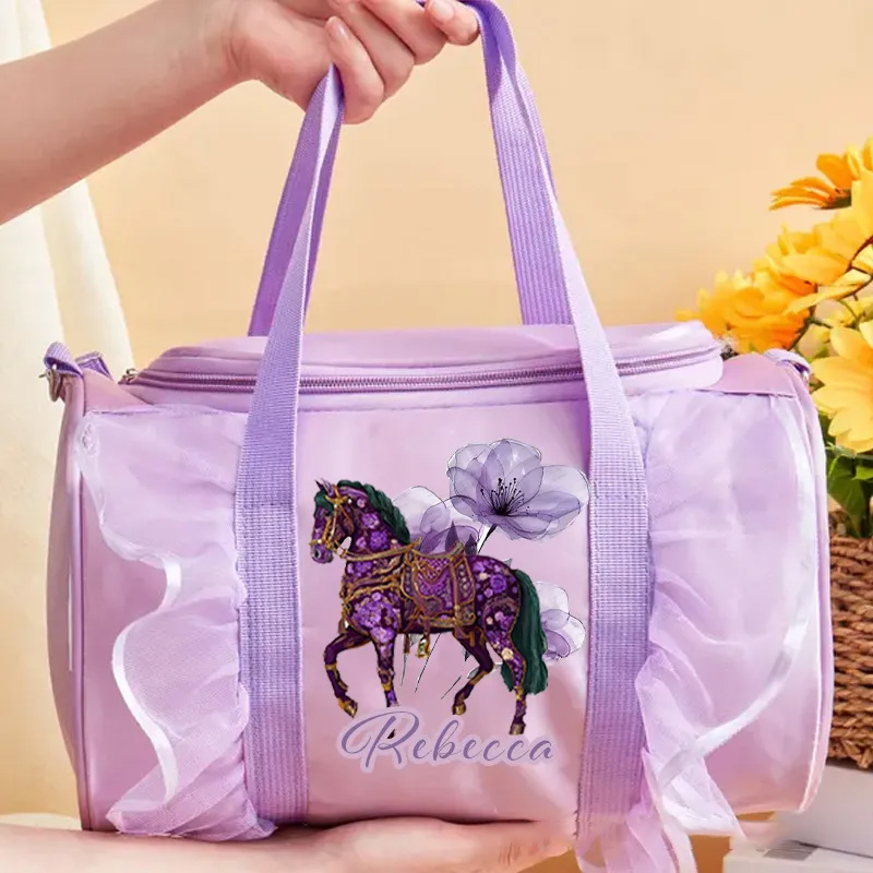 Personalized Horse Duffle Dance Bag with Name and Shoulder Strap Overnight Bag for Girl Ballet Bag Weekender Back To School Gift for Girls Riding Lovers Equestrian Lovers