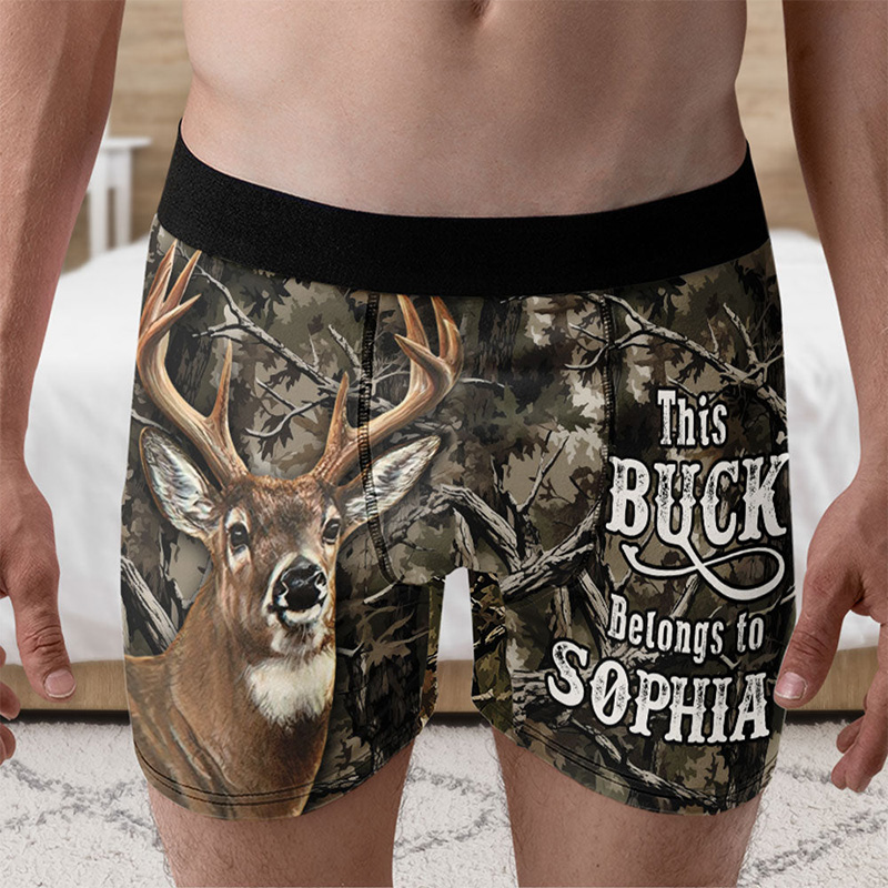 Personalized Men This Buck Belongs to Her Boxer Brief Custom Boyfriend Husband Underwear with Girlfriend Wife Name Valentines Day Gift for Him