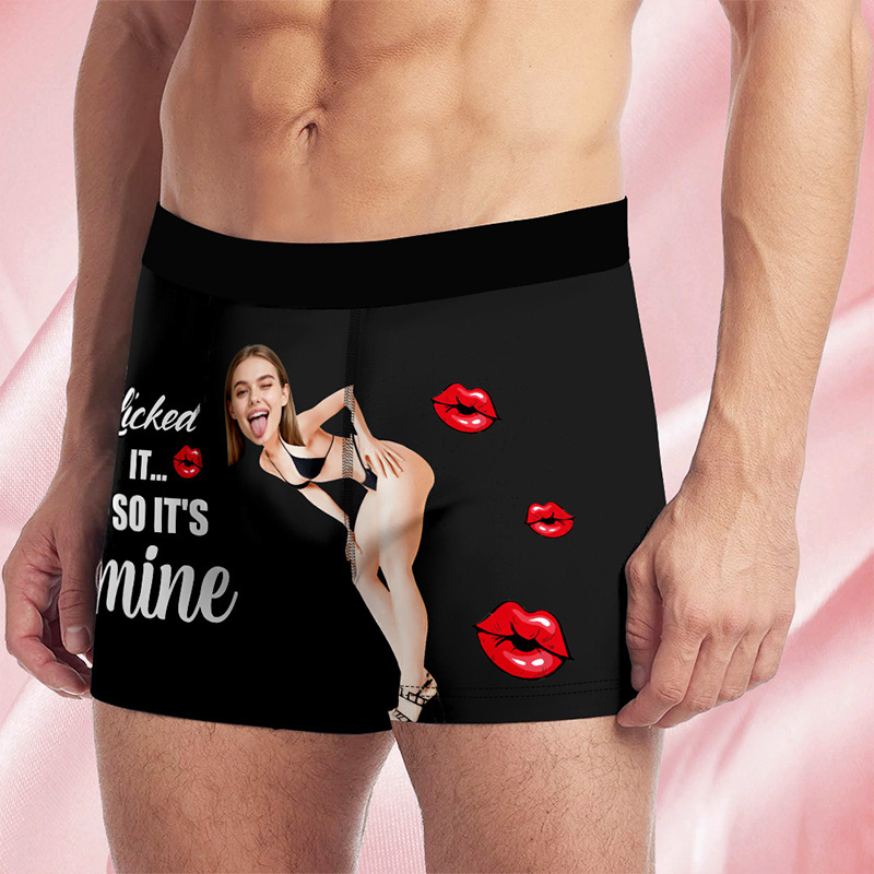 Personalized Girlfriend Wife Face Boxer Brief I Licked It So It's Mine Men Underwear with Woman Face Portrait Valentines Day Gift for Boyfriend Husband