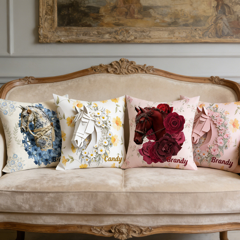 Personalized Birth Flower Horse Throw Pillow Equestrian Pillow Cover French Farmhouse Decor for Riding Lovers Equestrian Lovers