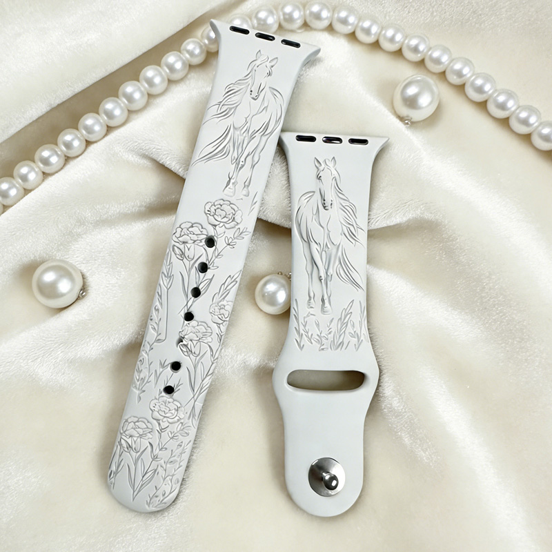 Personalized Birth Flower Horse Silicone Band Laser Engraved Watch Compatible for Horse Riding Equestrian Lover