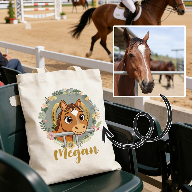 Personalized Horse Photo Tote Bag Name Canvas Tote Bag for Equestrain Lover
