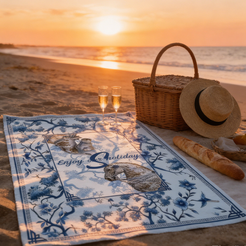 Personalized Monogram Chinoiserie Equestrian Blue and White Porcelain Horse Quick-Dry Microfiber Beach Towel Beach Party Birthday Gift for Equestrian Lovers